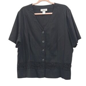 I.S.C. LINEN BLEND CROCHET LACE DETAIL‎ Black short Sleeve Button-Up Top XL